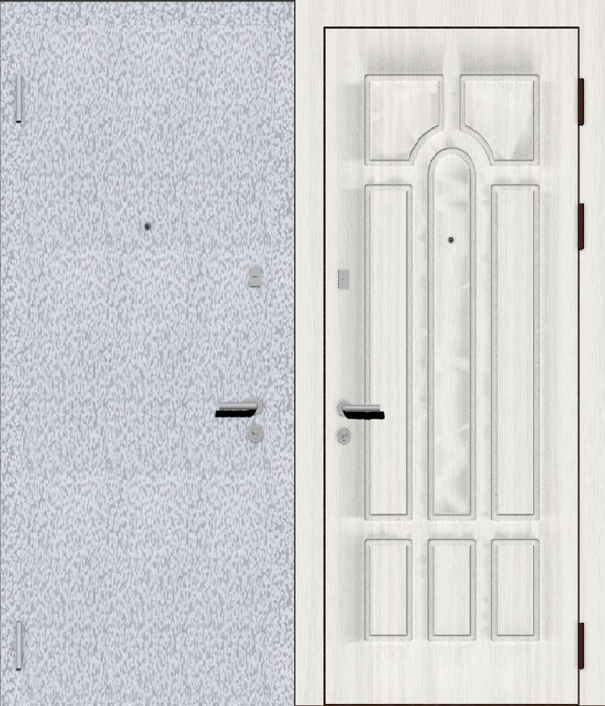 Дверь металлическая входная с отделкой порошковое напыление серебро на белом антик и МДФ ПВХ с фрезеровкой A2, ясень белый