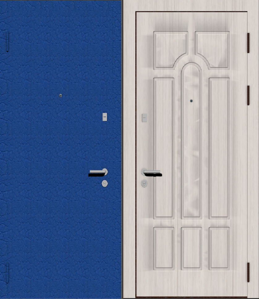 Дверь металлическая входная с отделкой порошковое напыление крокодил (ящерица) синий и МДФ ПВХ с фрезеровкой A2, сандал белый