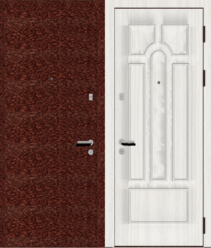 Дверь металлическая входная с отделкой порошковое напыление медный антик и МДФ ПВХ с фрезеровкой A3, ясень белый