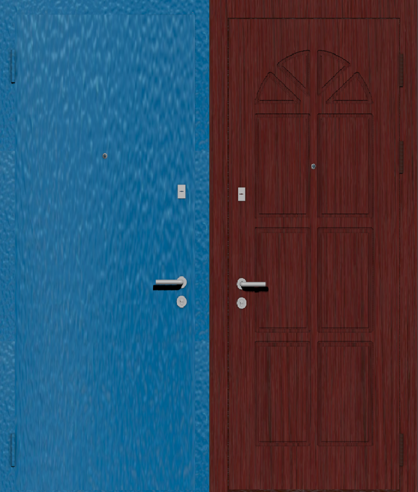 Дверь металлическая входная с отделкой порошковое напыление РАЛ голубой и МДФ ПВХ с фрезеровкой A8, махагон