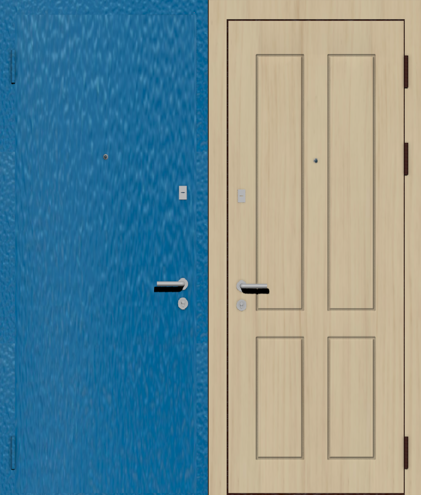 Дверь металлическая входная с отделкой порошковое напыление РАЛ голубой и МДФ ПВХ с фрезеровкой B-14, клен 