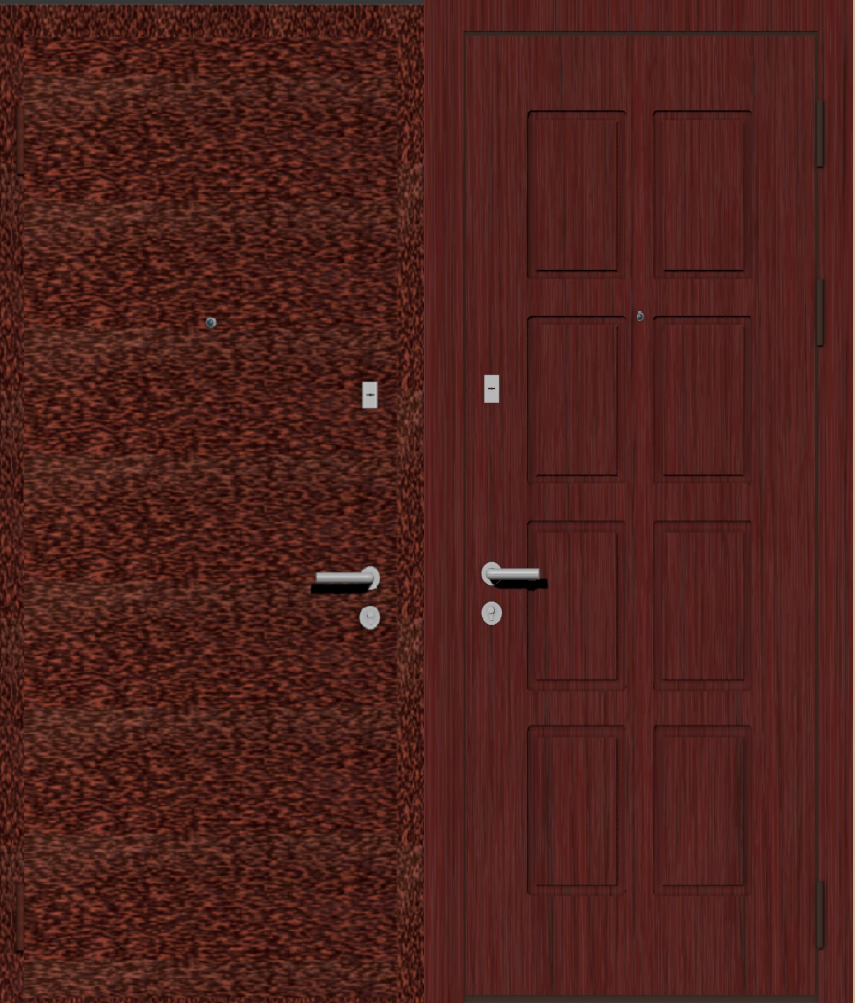Дверь металлическая входная с отделкой порошковое напыление медный антик и МДФ ПВХ с фрезеровкой B-8, махагон