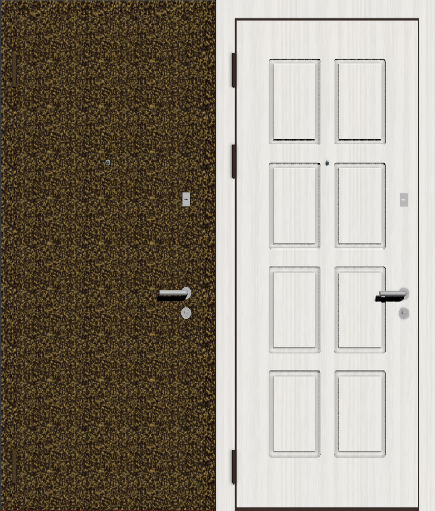Дверь металлическая входная с отделкой порошковое напыление бронзовый антик и МДФ ПВХ с фрезеровкой B-8, ясень белый