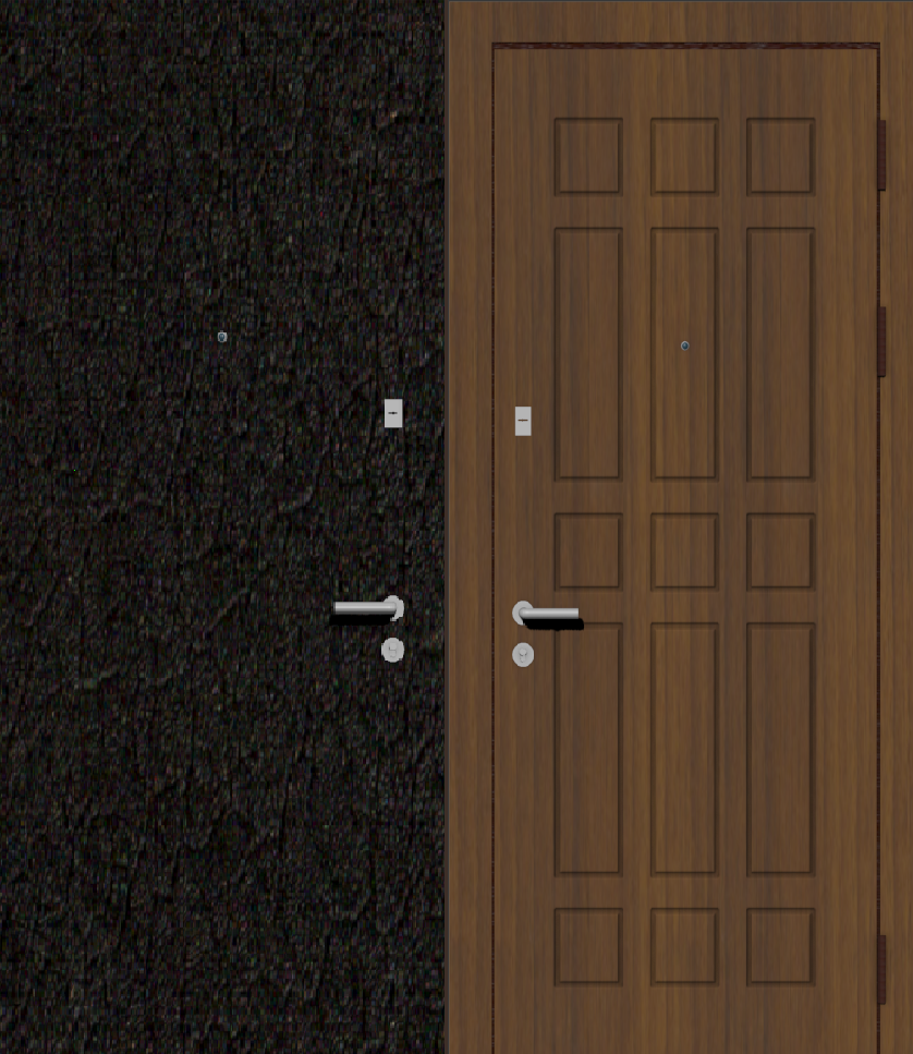 Дверь металлическая входная с отделкой порошковое напыление крокодил (ящерица) черный и МДФ ПВХ с фрезеровкой C-1, орех