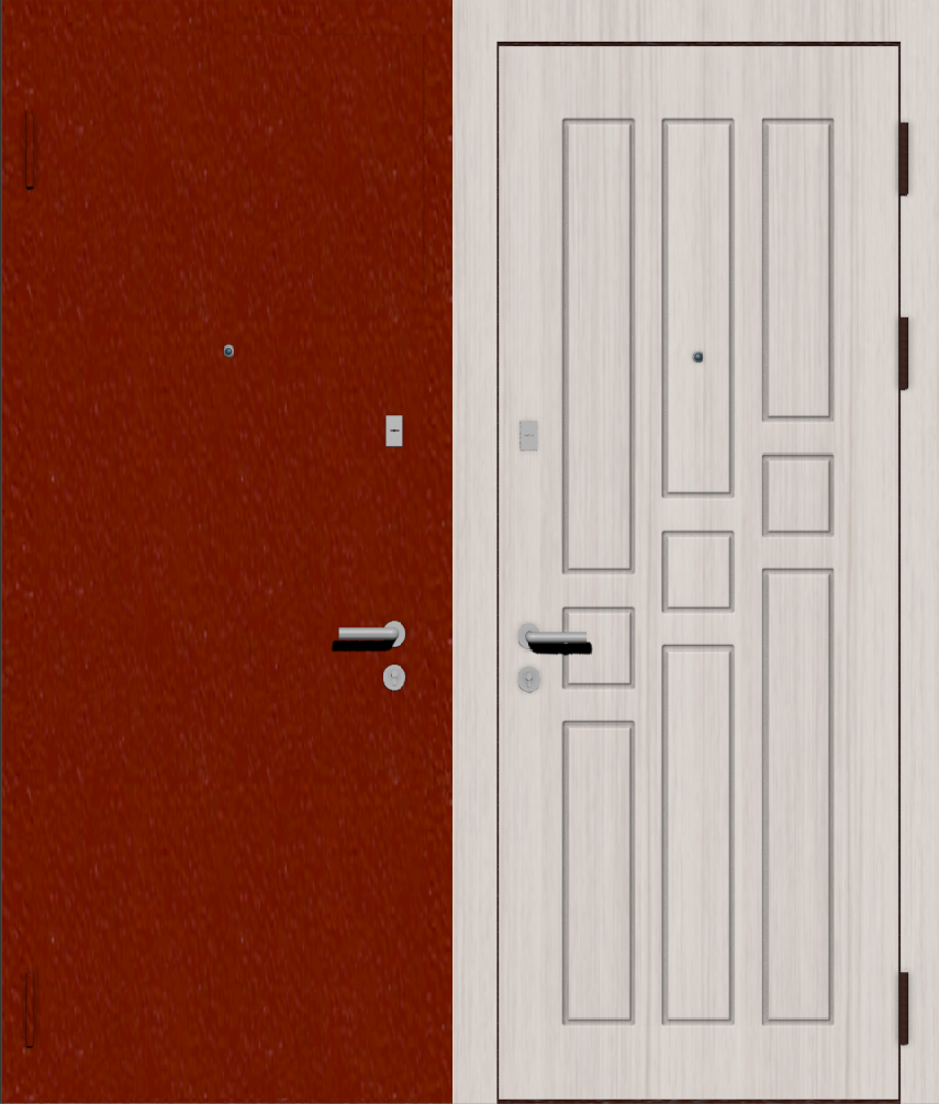 Дверь металлическая входная с отделкой порошковое напыление РАЛ красный и МДФ ПВХ с фрезеровкой C-2, сандал белый