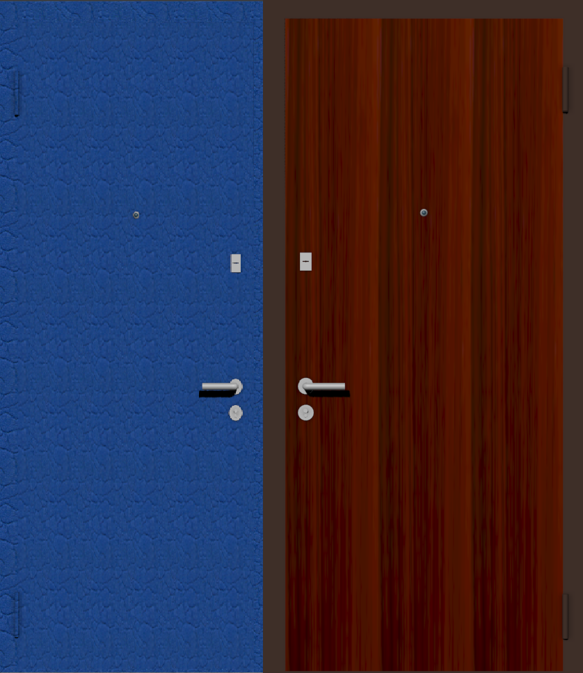 Металлическая дверь с отделкой порошковым напылением с эффектом крокодиловой кожи синяя и ламинированной дверной накладкой орех испанский