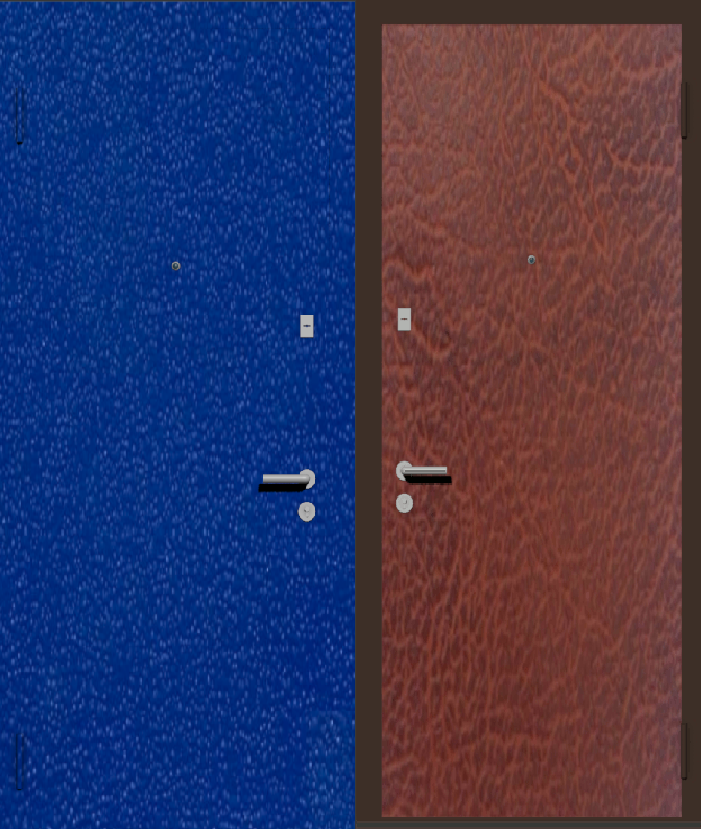 Дешевая входная дверь с отделкой порошковой краской РАЛ синий и винилискожа табак