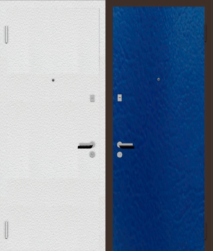 Дешевая входная дверь с отделкой порошковой краской РАЛ белый и винилискожа синяя