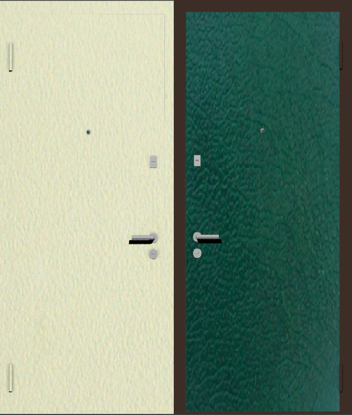 Дешевая входная дверь с отделкой порошковой краской РАЛ бежевый и винилискожа зеленая