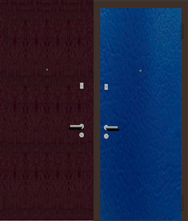 Дешевая входная дверь с отделкой порошковой краской РАЛ бордовый и винилискожа синяя