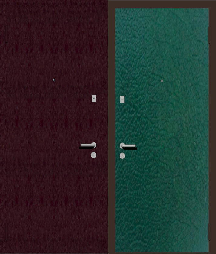 Дешевая входная дверь с отделкой порошковой краской РАЛ бордовый и винилискожа зеленая