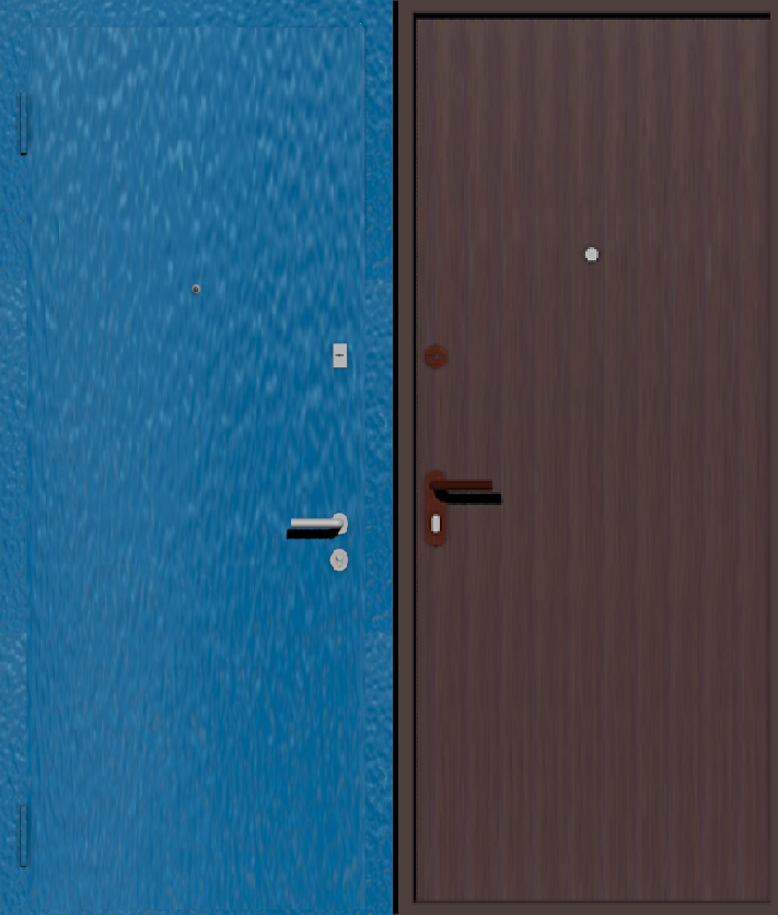 Дешевая входная дверь с отделкой порошковой краской РАЛ голубой и винилискожа коричневая