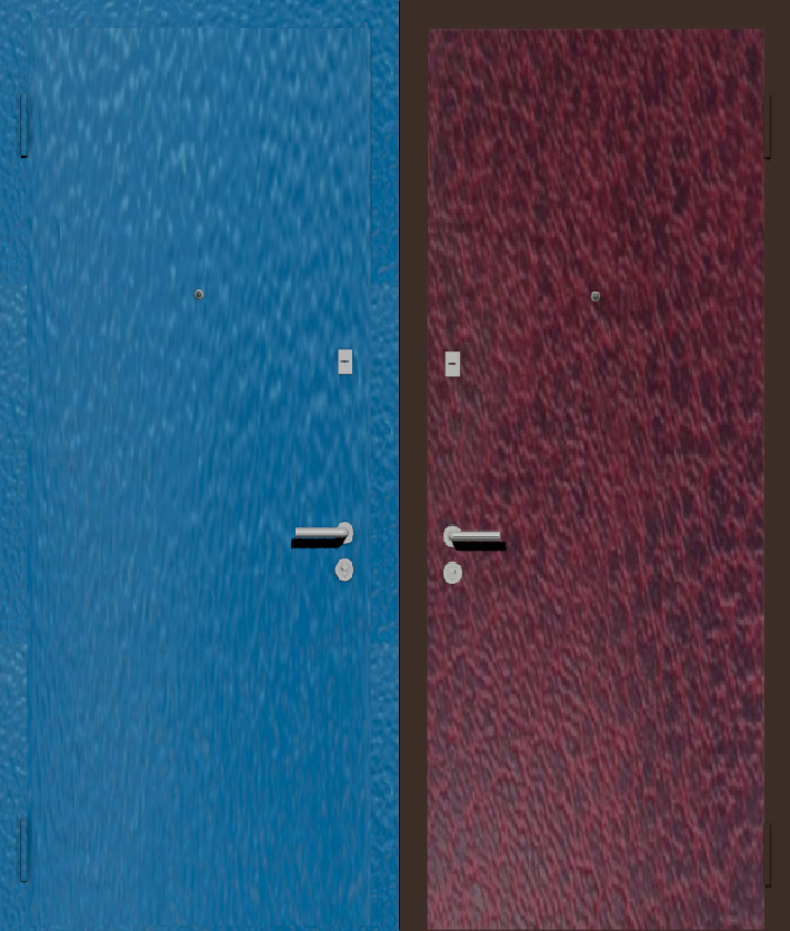 Дешевая входная дверь с отделкой порошковой краской РАЛ голубой и винилискожа вишня