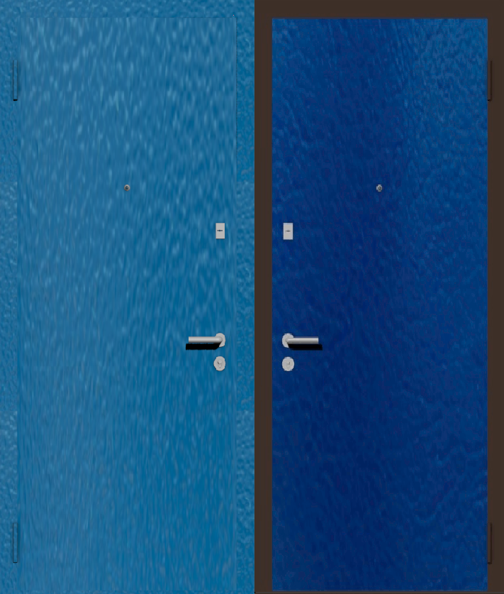 Дешевая входная дверь с отделкой порошковой краской РАЛ голубой и винилискожа синяя