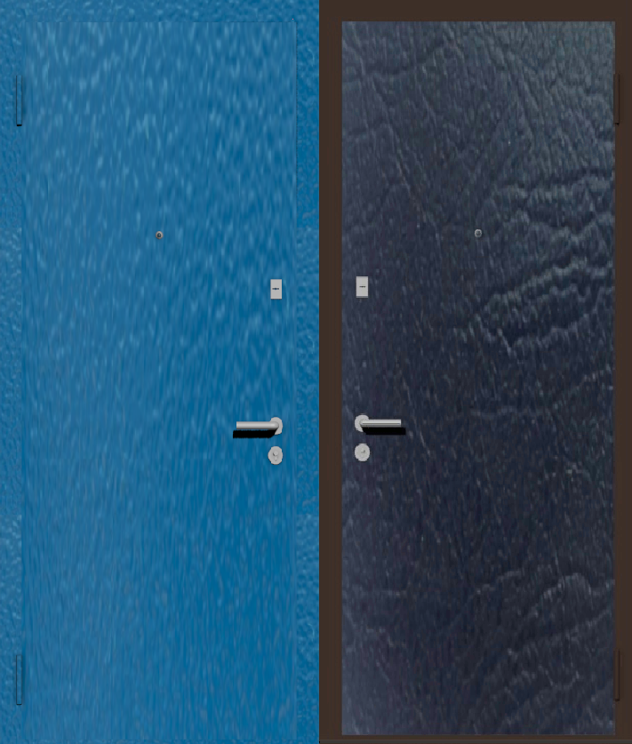 Дешевая входная дверь с отделкой порошковой краской РАЛ голубой и винилискожа черная