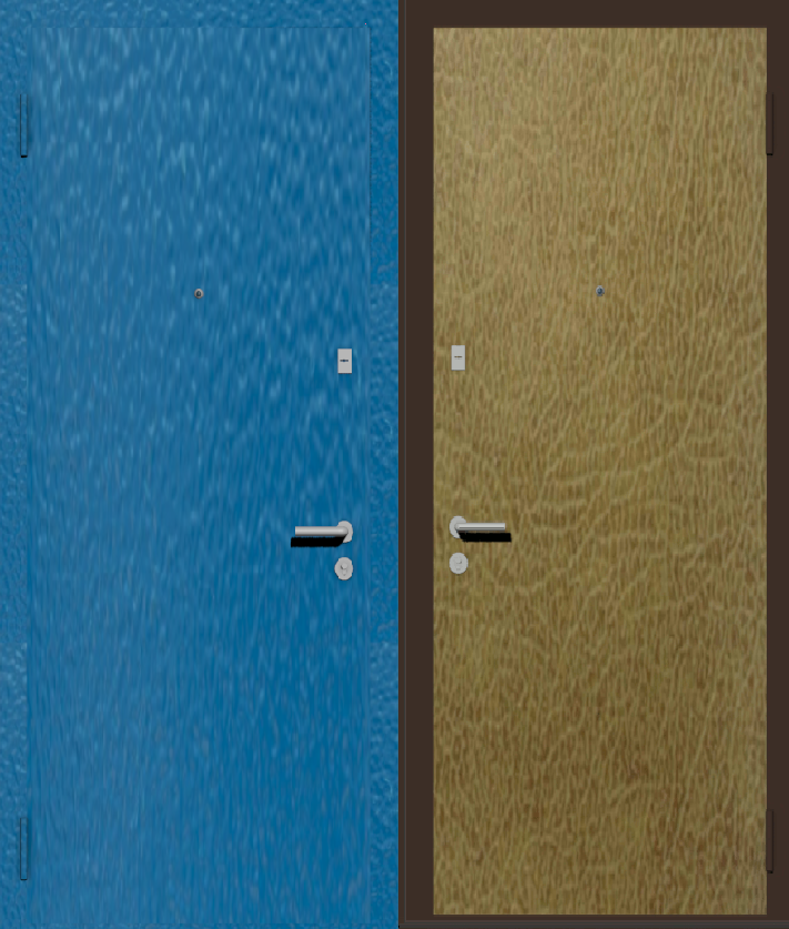 Дешевая входная дверь с отделкой порошковой краской РАЛ голубой и винилискожа бежевая