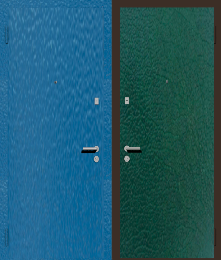 Дешевая входная дверь с отделкой порошковой краской РАЛ голубой и винилискожа зеленая