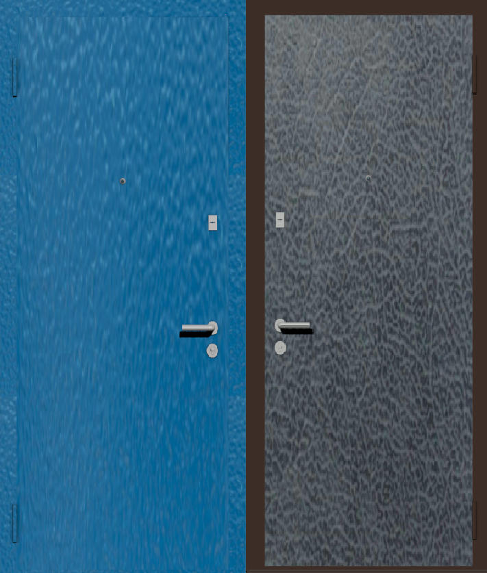 Дешевая входная дверь с отделкой порошковой краской РАЛ голубой и винилискожа серая