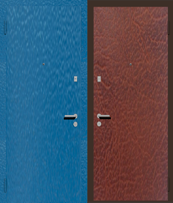 Дешевая входная дверь с отделкой порошковой краской РАЛ голубой и винилискожа табак