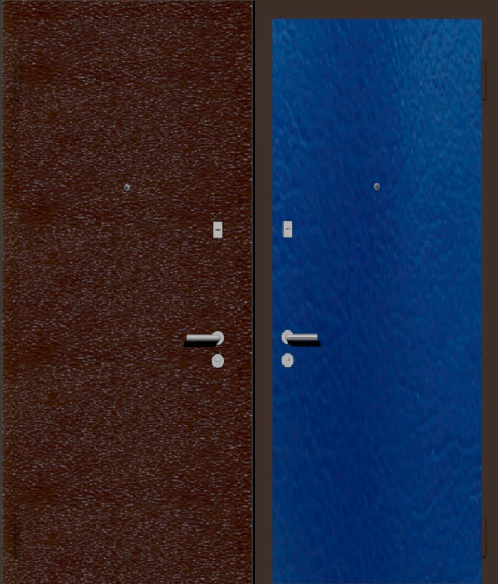 Дешевая входная дверь с отделкой порошковой краской РАЛ коричневый и винилискожа синяя
