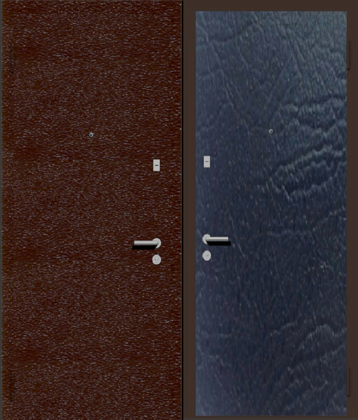 Дешевая входная дверь с отделкой порошковой краской РАЛ коричневый и винилискожа черная