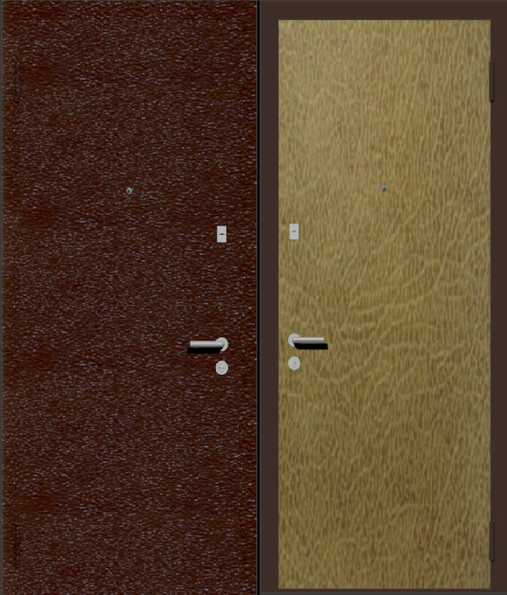 Дешевая входная дверь с отделкой порошковой краской РАЛ коричневый и винилискожа бежевая