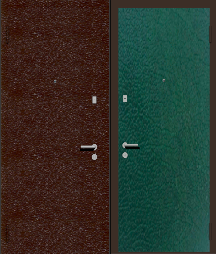Дешевая входная дверь с отделкой порошковой краской РАЛ коричневый и винилискожа зеленая
