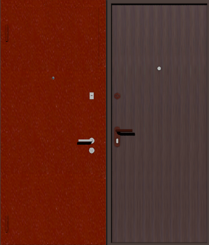Дешевая входная дверь с отделкой порошковой краской РАЛ красный и винилискожа коричневая