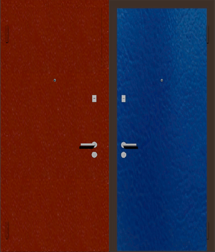 Дешевая входная дверь с отделкой порошковой краской РАЛ красный и винилискожа синяя