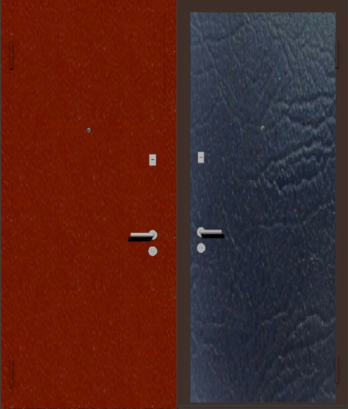 Дешевая входная дверь с отделкой порошковой краской РАЛ красный и винилискожа черная