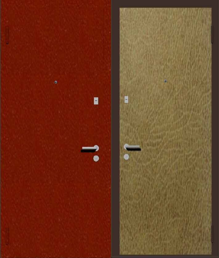 Дешевая входная дверь с отделкой порошковой краской РАЛ красный и винилискожа бежевая
