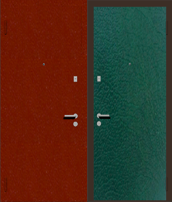 Дешевая входная дверь с отделкой порошковой краской РАЛ красный и винилискожа зеленая