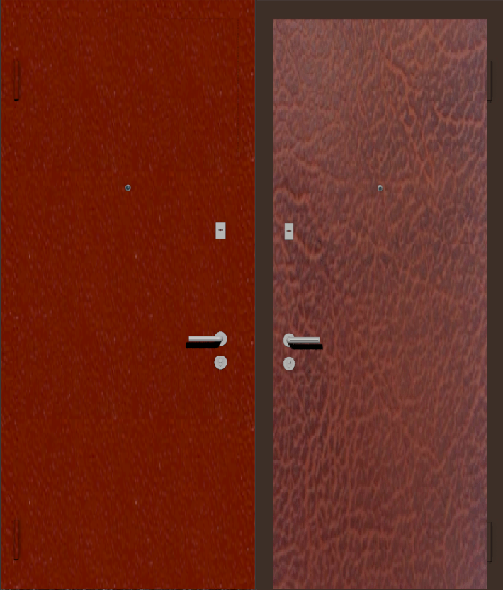 Дешевая входная дверь с отделкой порошковой краской РАЛ красный и винилискожа табак