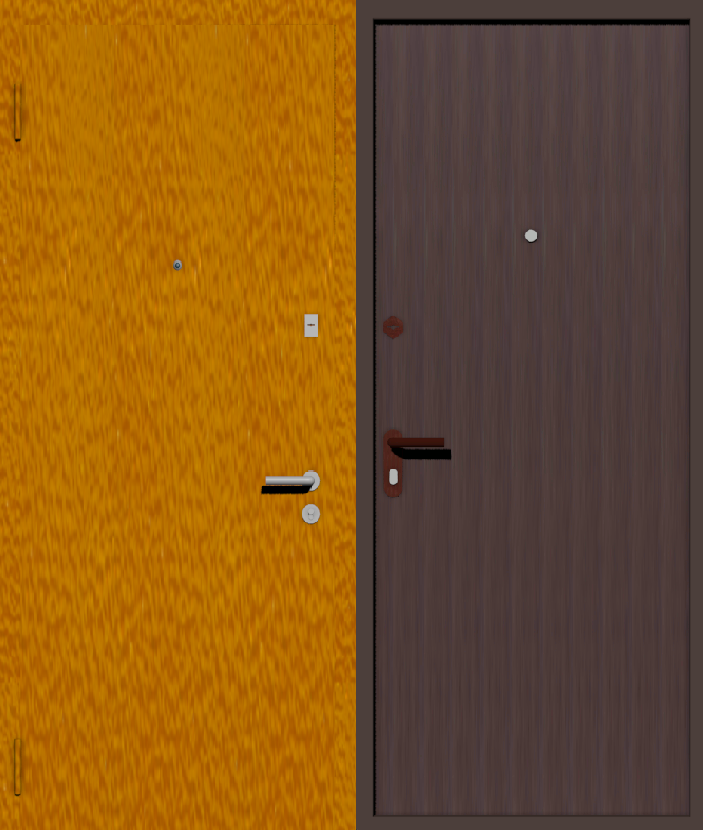 Дешевая входная дверь с отделкой порошковой краской РАЛ оранжевый и винилискожа коричневая