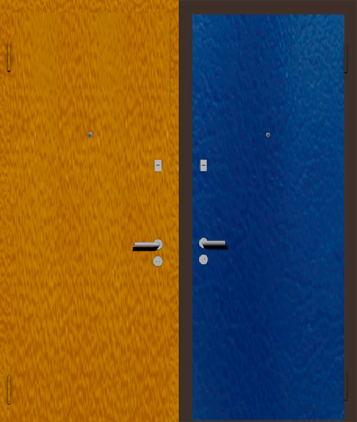 Дешевая входная дверь с отделкой порошковой краской РАЛ оранжевый и винилискожа синяя