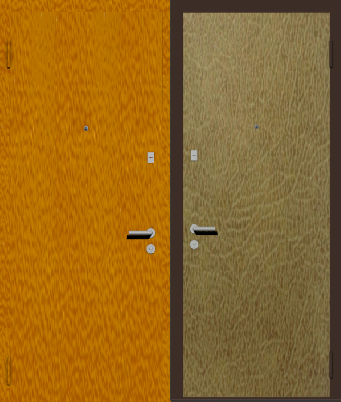 Дешевая входная дверь с отделкой порошковой краской РАЛ оранжевый и винилискожа бежевая