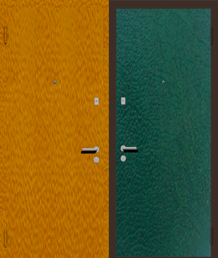 Дешевая входная дверь с отделкой порошковой краской РАЛ оранжевый и винилискожа зеленая