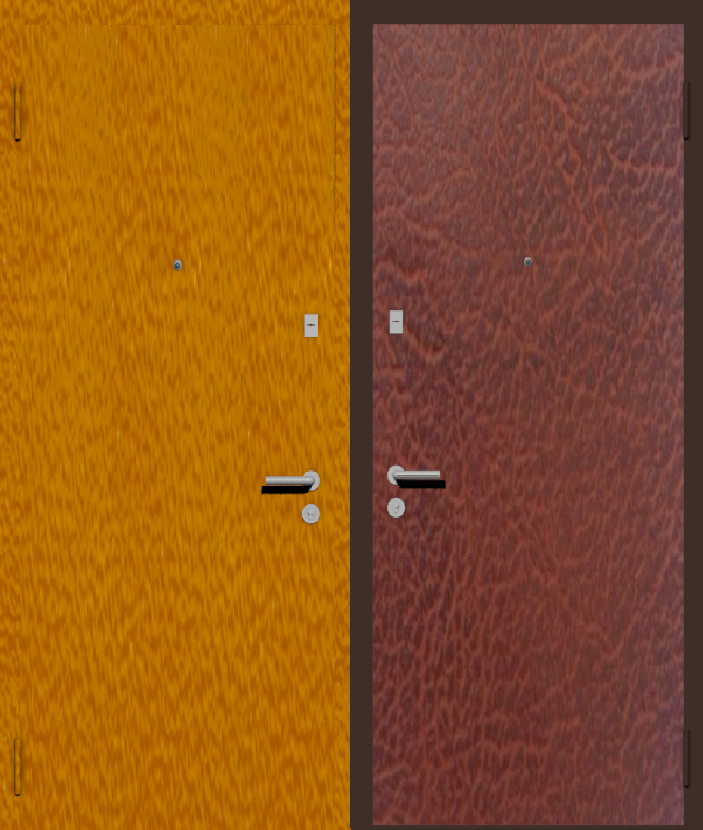 Дешевая входная дверь с отделкой порошковой краской РАЛ оранжевый и винилискожа табак
