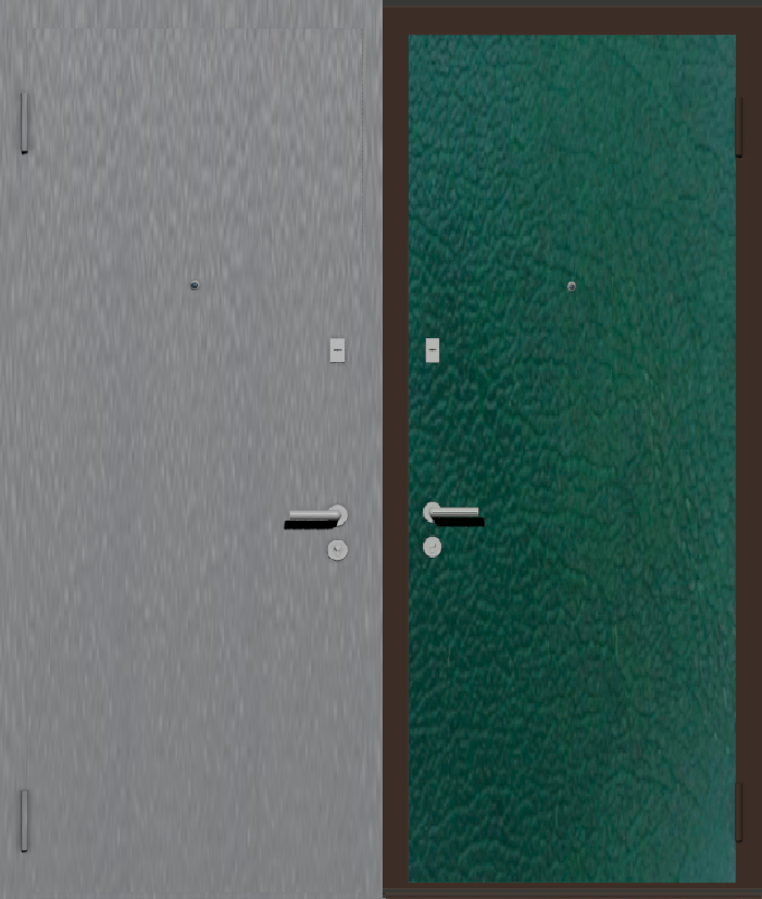 Дешевая входная дверь с отделкой порошковой краской РАЛ серый и винилискожа зеленая