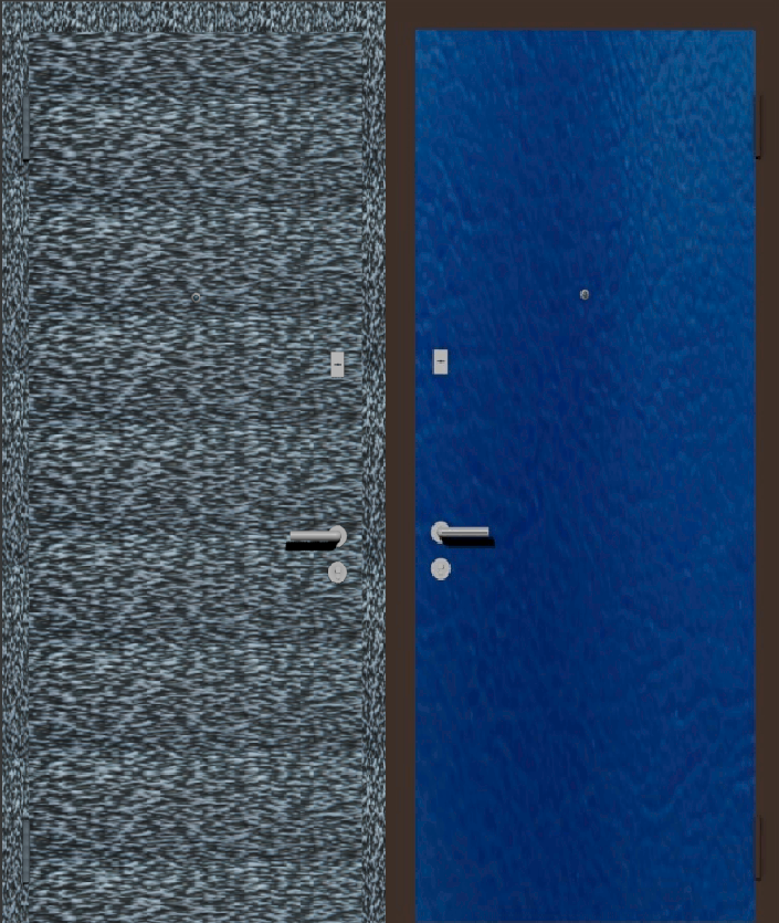 Дверь металлическая входная с отделкой порошковое напыление серебряный антик и винилискожа синяя