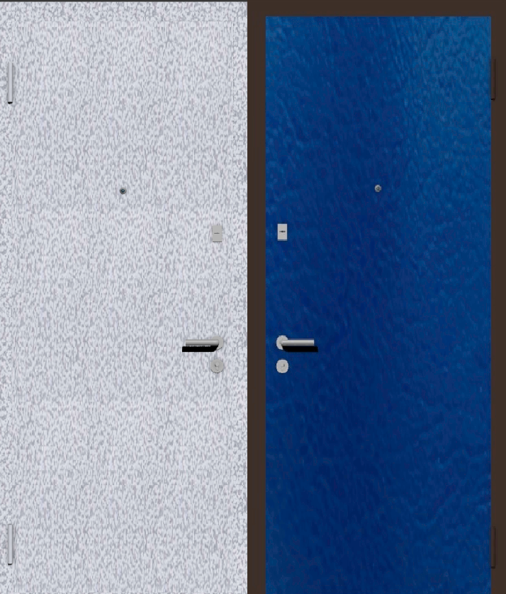 Дверь металлическая входная с отделкой порошковое напыление белое серебро и винилискожа синяя