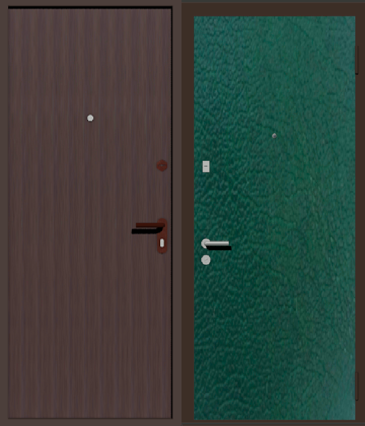 дверь металлическая дешевая с отделкой винилискожей зеленая с  внутренней стороны и коричневая с наружной 