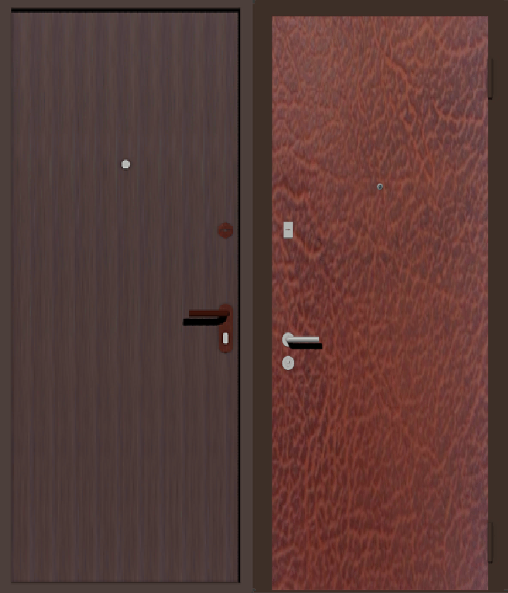 дверь металлическая дешевая с отделкой винилискожей табак с  внутренней стороны и коричневая с наружной 
