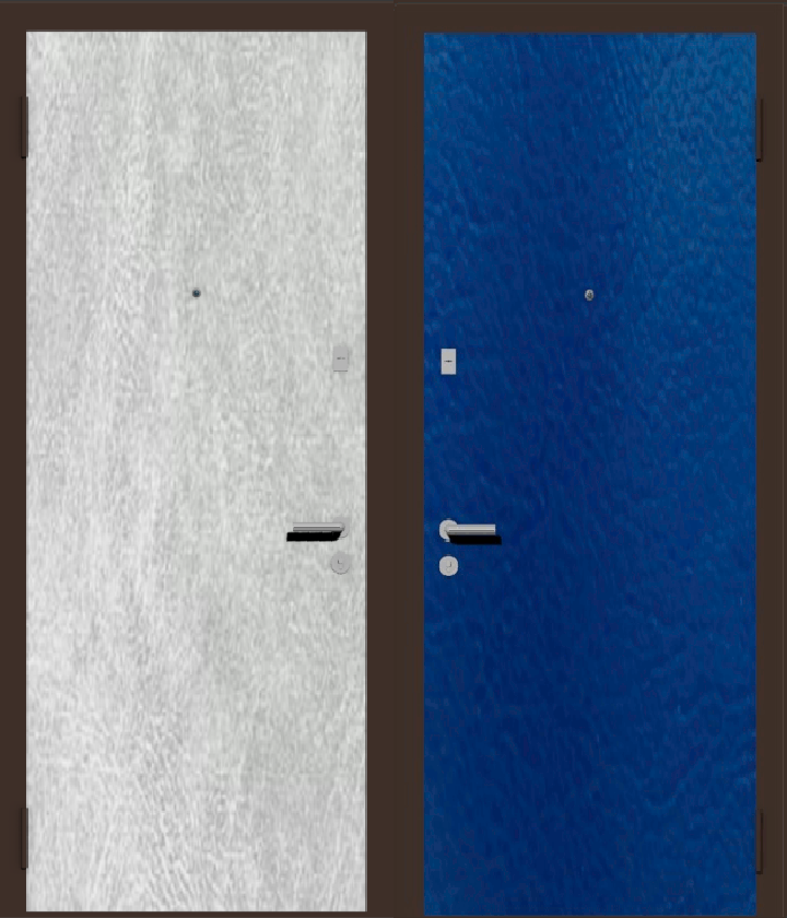 Дешевая входная стальная дверь с отделкой заменителем кожи наружная белая, внутренняя: синяя
