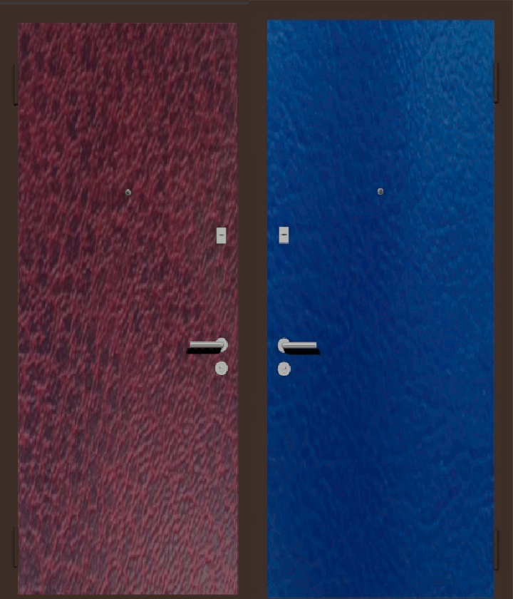 Дешевая входная стальная дверь с отделкой заменителем кожи наружная вишня, внутренняя: синяя