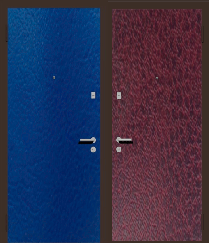 Дешевая входная стальная дверь с отделкой заменителем кожи наружная синяя, внутренняя: вишня