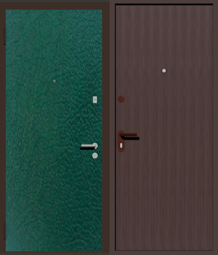дверь металлическая дешевая с отделкой винилискожей коричневая с  внутренней стороны и зеленая с наружной 