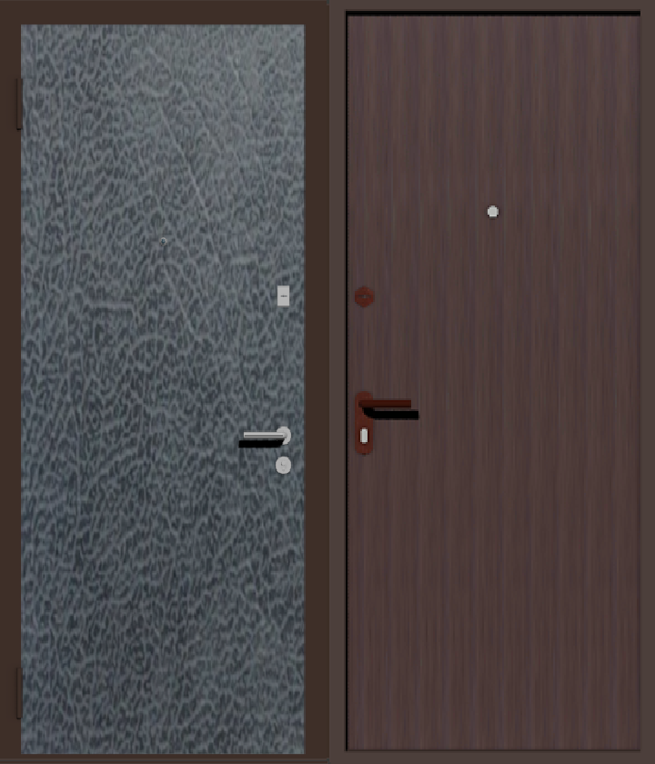 дверь металлическая дешевая с отделкой винилискожей коричневая с  внутренней стороны и серая с наружной 