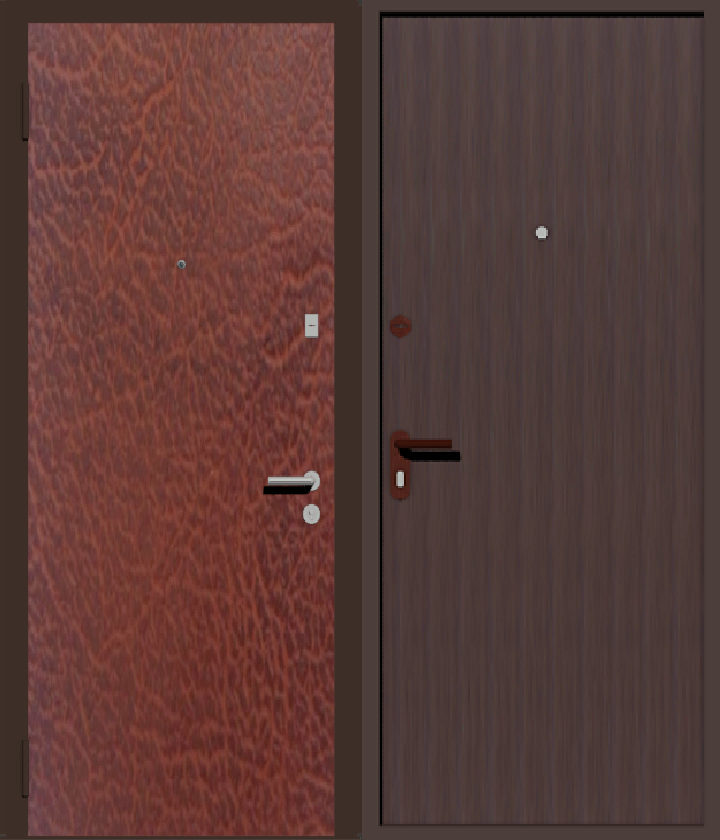 дверь металлическая дешевая с отделкой винилискожей коричневая с  внутренней стороны и табак с наружной 