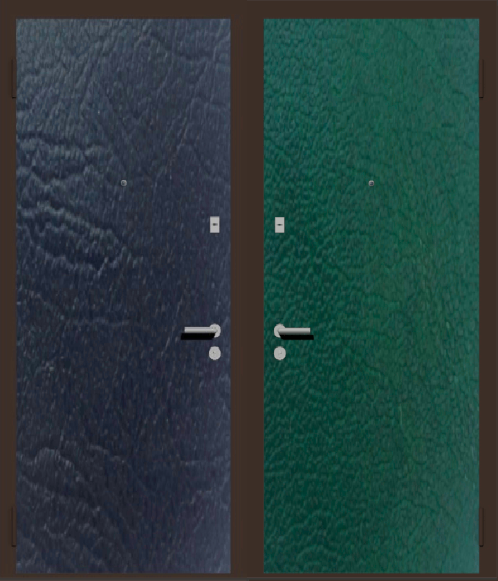 Дешевая входная металлическая дверь с отделкой винилискожа изнутри: зеленая, снаружи: черная